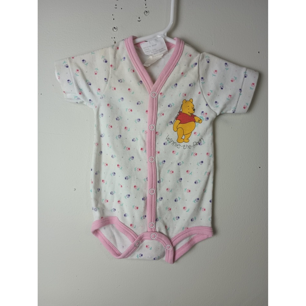 Vintage Disney Winnie the Pooh Floral Bodysuit Newborn Pink White Snap Front